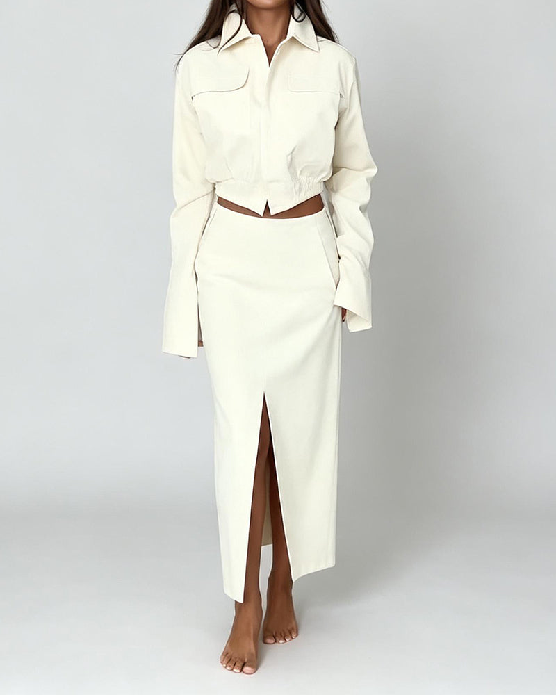 Vivianna White Long Sleeve Cropped Top & Front Slit Maxi Skirt Set