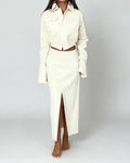 Vivianna White Long Sleeve Cropped Top & Front Slit Maxi Skirt Set