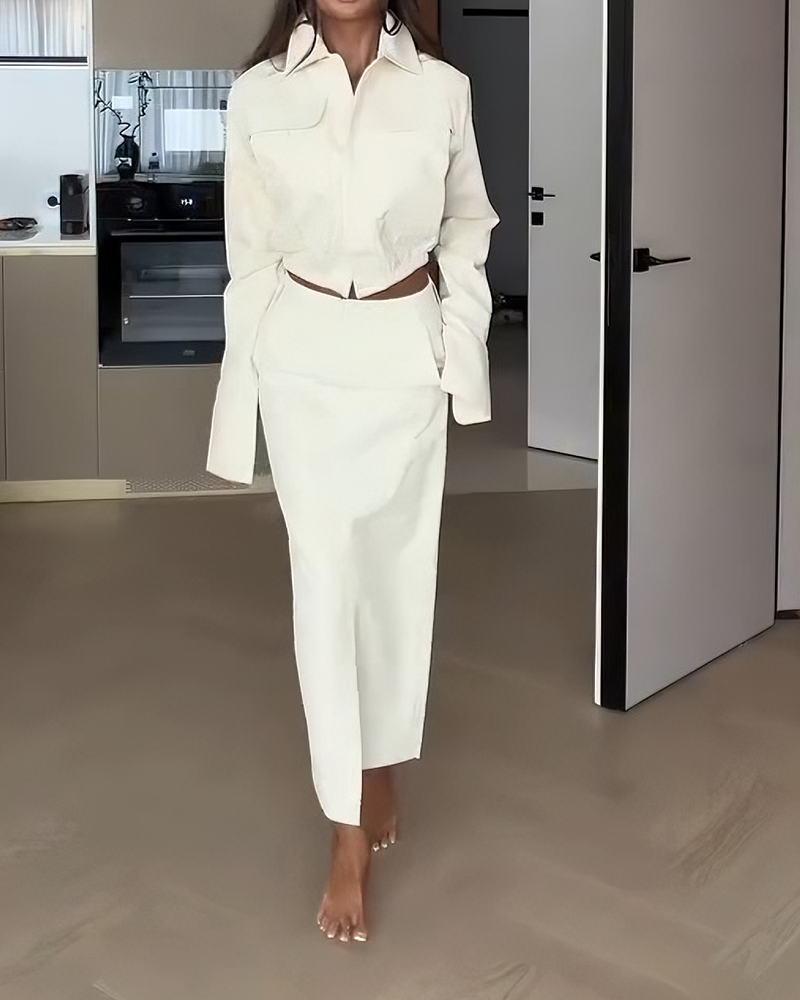 Vivianna White Long Sleeve Cropped Top & Front Slit Maxi Skirt Set