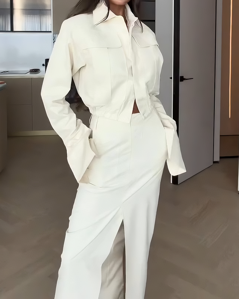 Vivianna White Long Sleeve Cropped Top & Front Slit Maxi Skirt Set