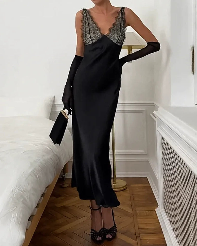 Juliette Beige V-Neck Lace Trim Satin Slip Maxi Dress