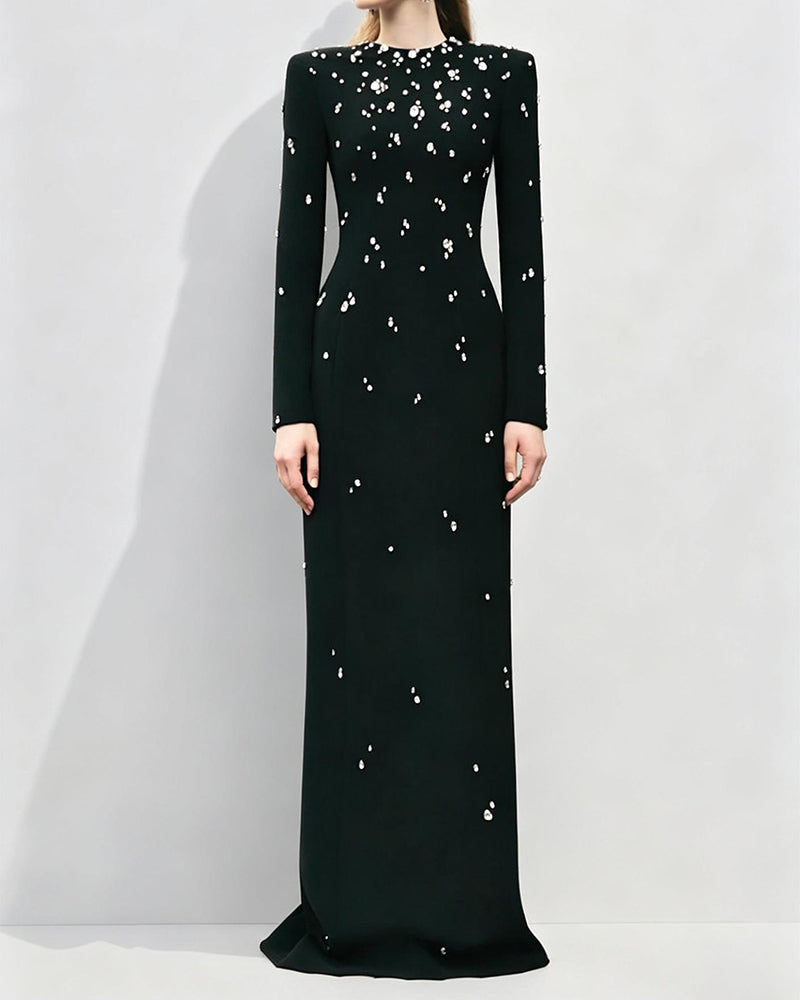 Zariah Black Long Sleeve Rhinestone Embellished Maxi Dress