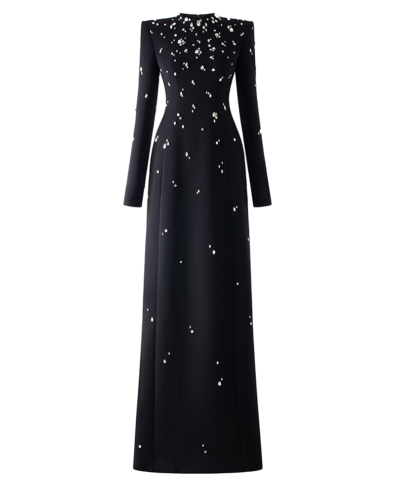 Zariah Black Long Sleeve Rhinestone Embellished Maxi Dress