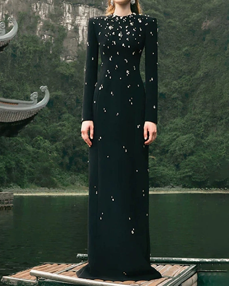 Zariah Black Long Sleeve Rhinestone Embellished Maxi Dress