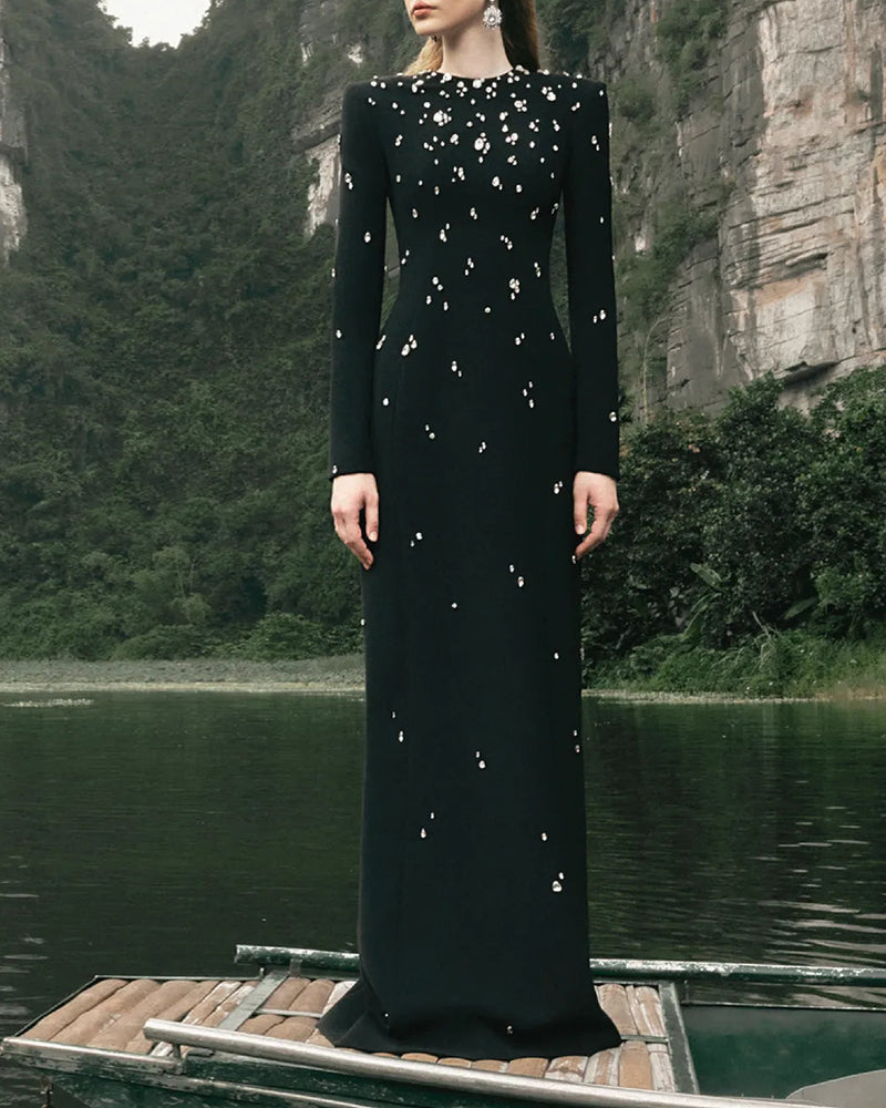 Zariah Black Long Sleeve Rhinestone Embellished Maxi Dress
