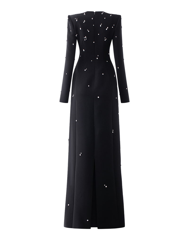 Zariah Black Long Sleeve Rhinestone Embellished Maxi Dress