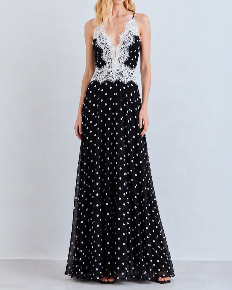 Zyra Black V-Neck Lace Trim Polka Dot Maxi Dress