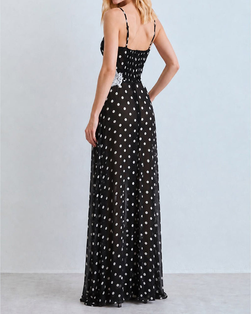 Zyra Black V-Neck Lace Trim Polka Dot Maxi Dress