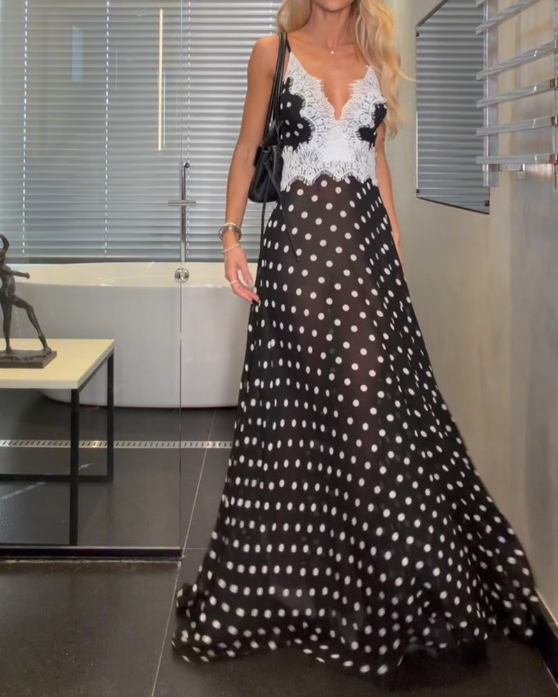 Zyra Black V-Neck Lace Trim Polka Dot Maxi Dress