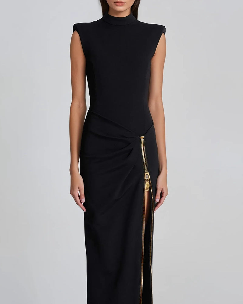 Sabrina Black Sleeveless Zipper Detail Maxi Dress.