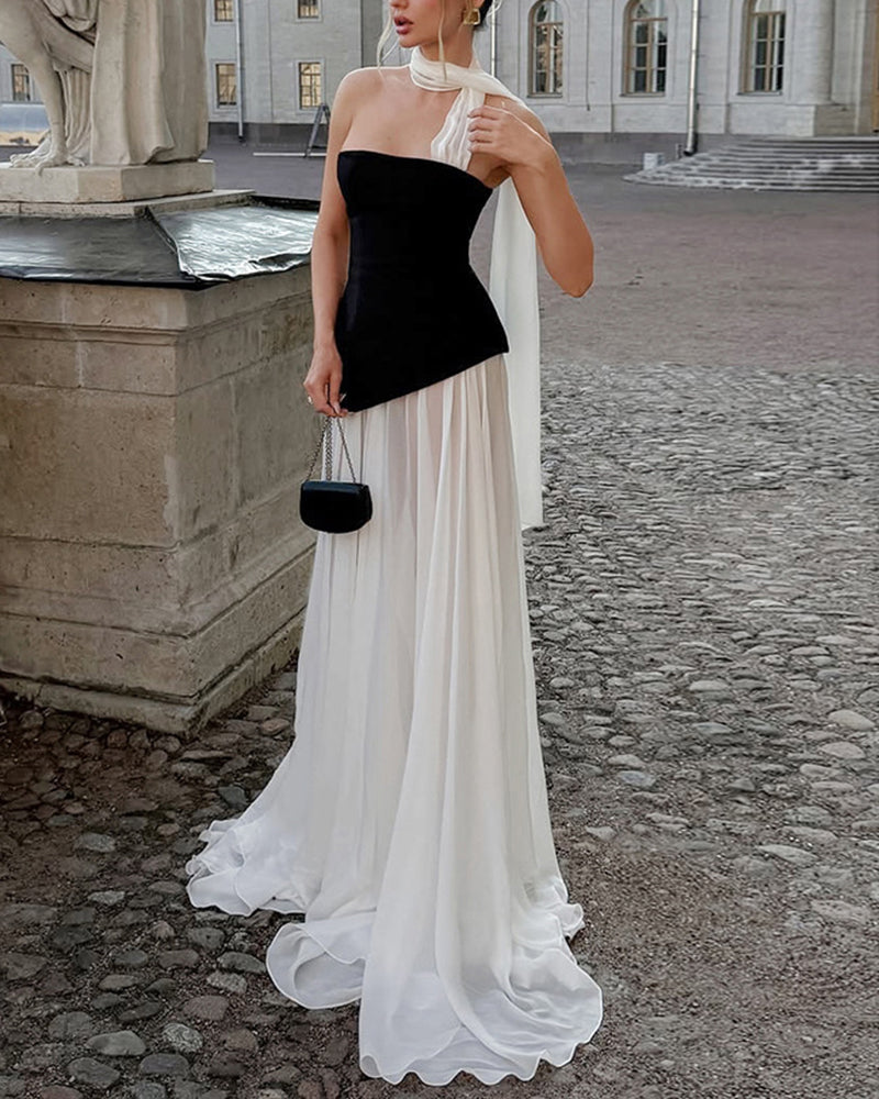 Xiomara Black Strapless Color-Block Maxi Dress