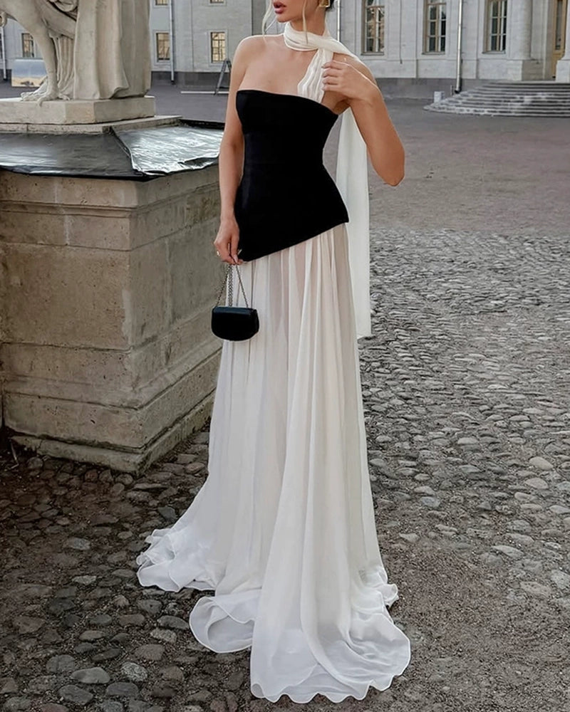 Xiomara Black Strapless Color-Block Maxi Dress