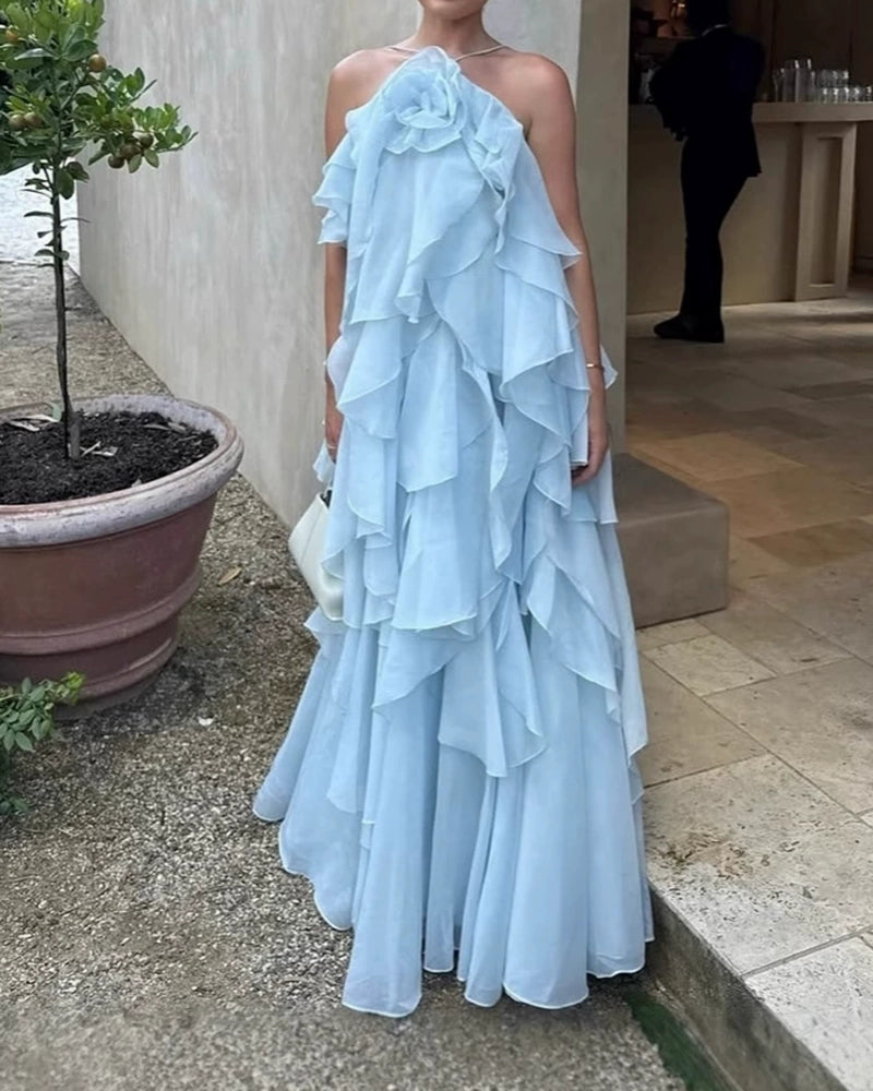 Ariana Blue Halter Flower Ruffle Maxi Dress