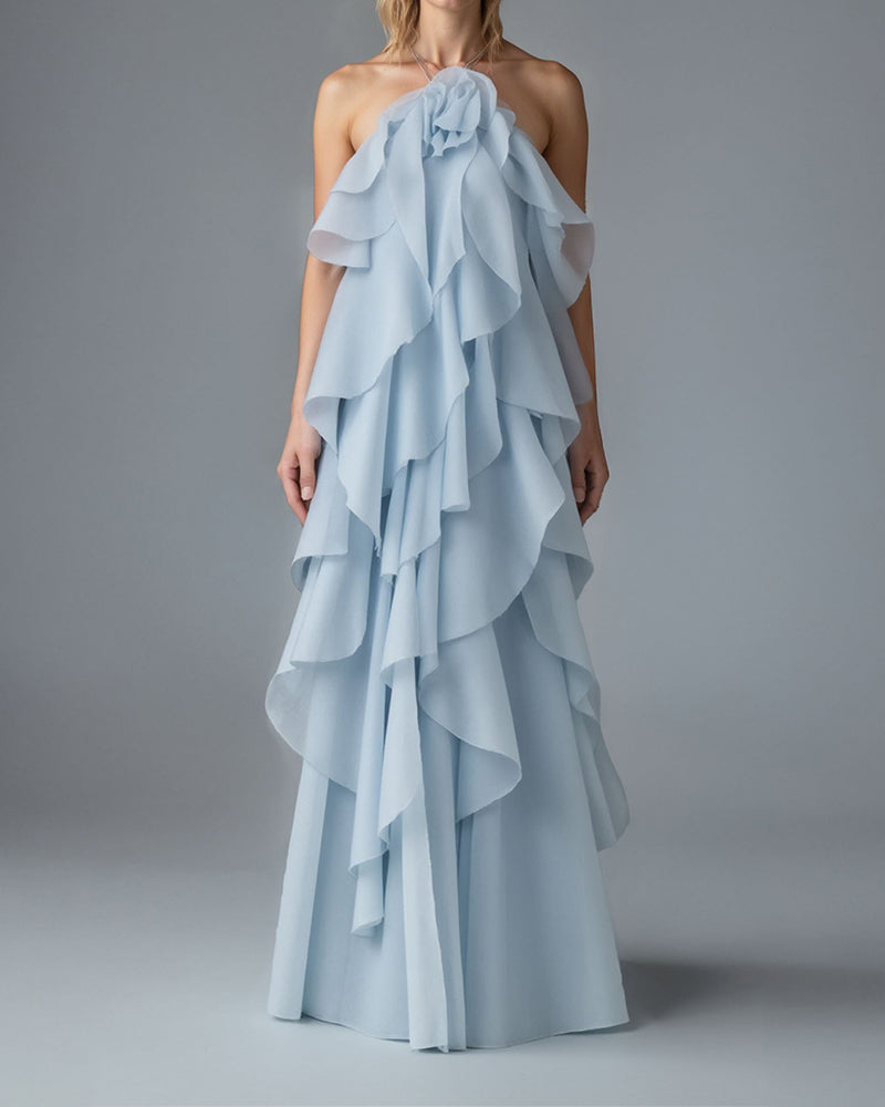 Ariana Blue Halter Flower Ruffle Maxi Dress