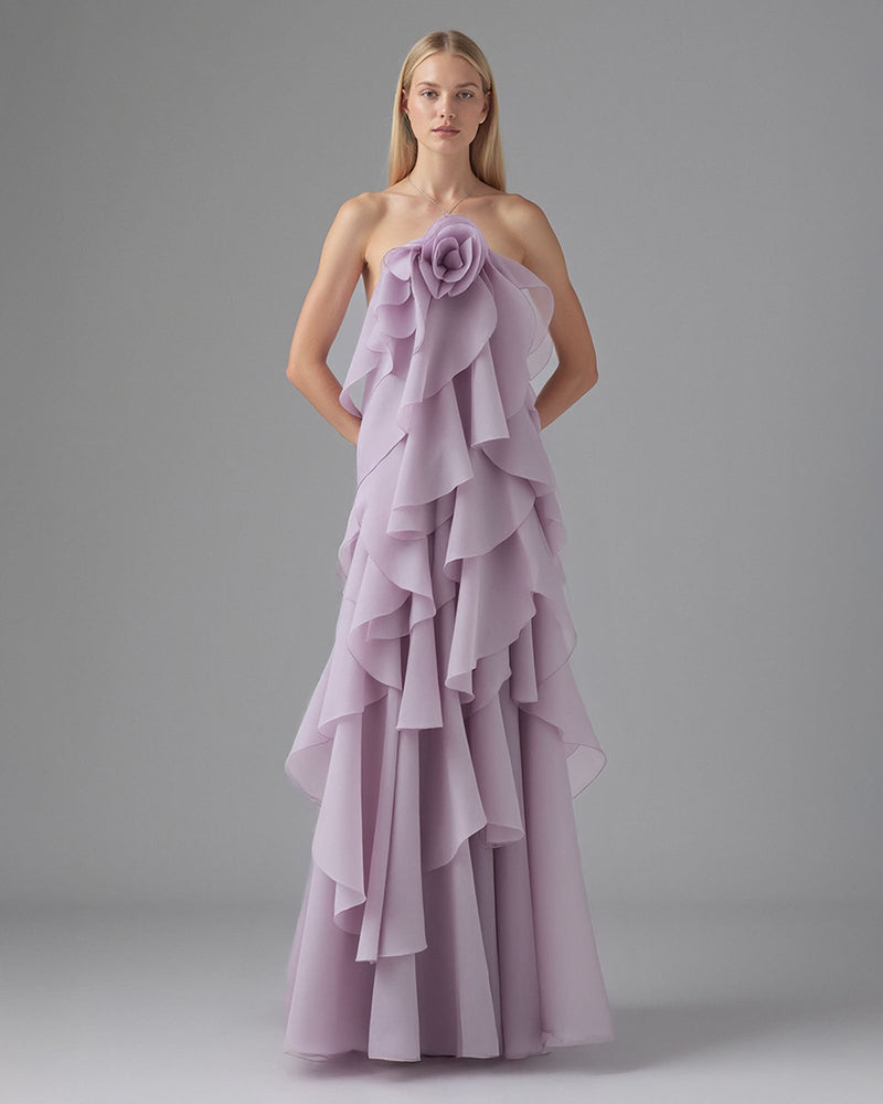 Ariana Blue Halter Flower Ruffle Maxi Dress