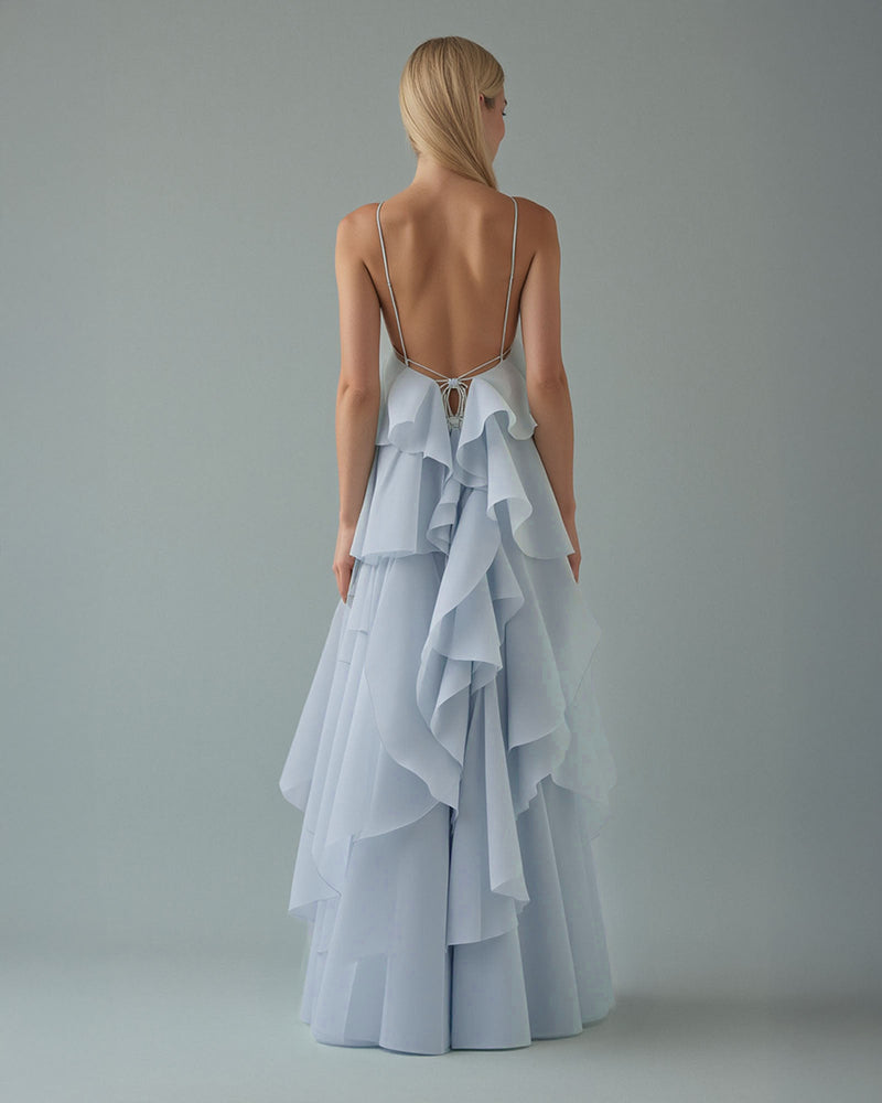 Ariana Blue Halter Flower Ruffle Maxi Dress
