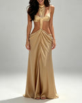 Cassandra Gold Halter Cutout Metallic Satin Maxi Dress