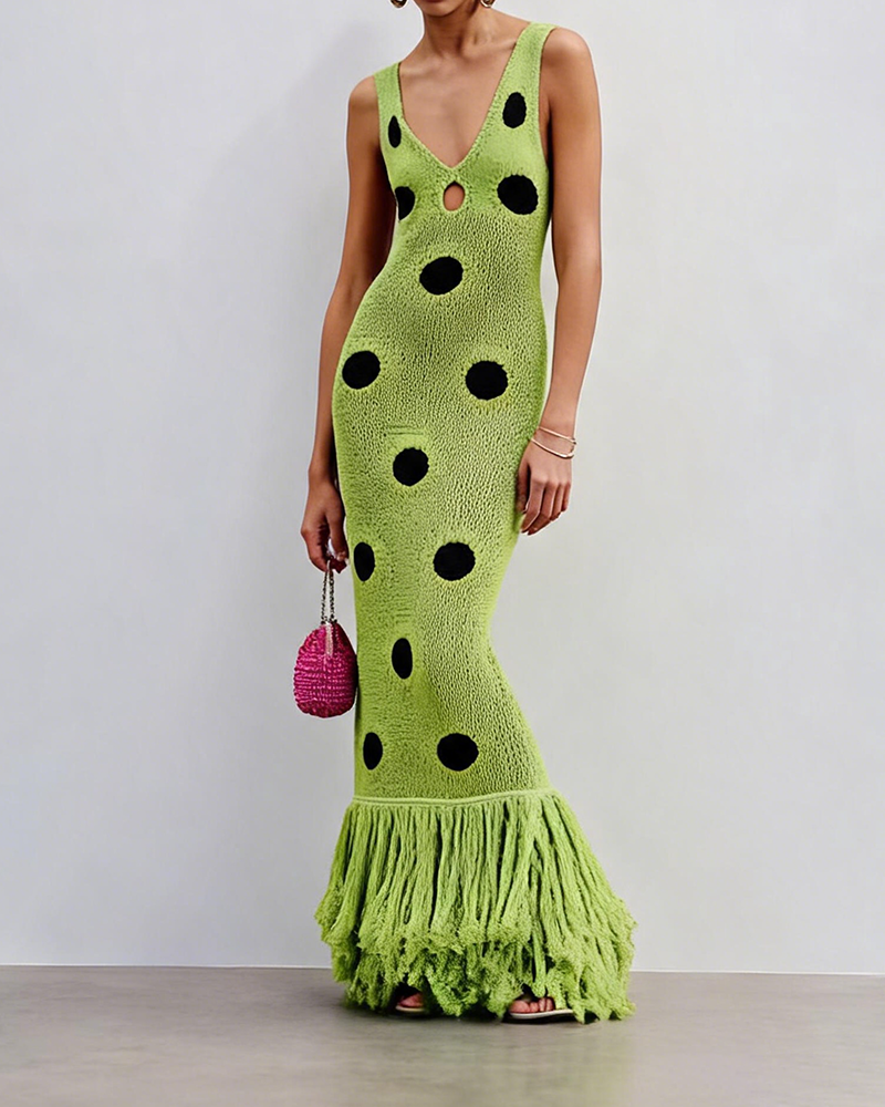 Antonia Green V-Neck Polka Dot Fringe Knit Maxi Dress