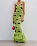 Antonia Green V-Neck Polka Dot Fringe Knit Maxi Dress