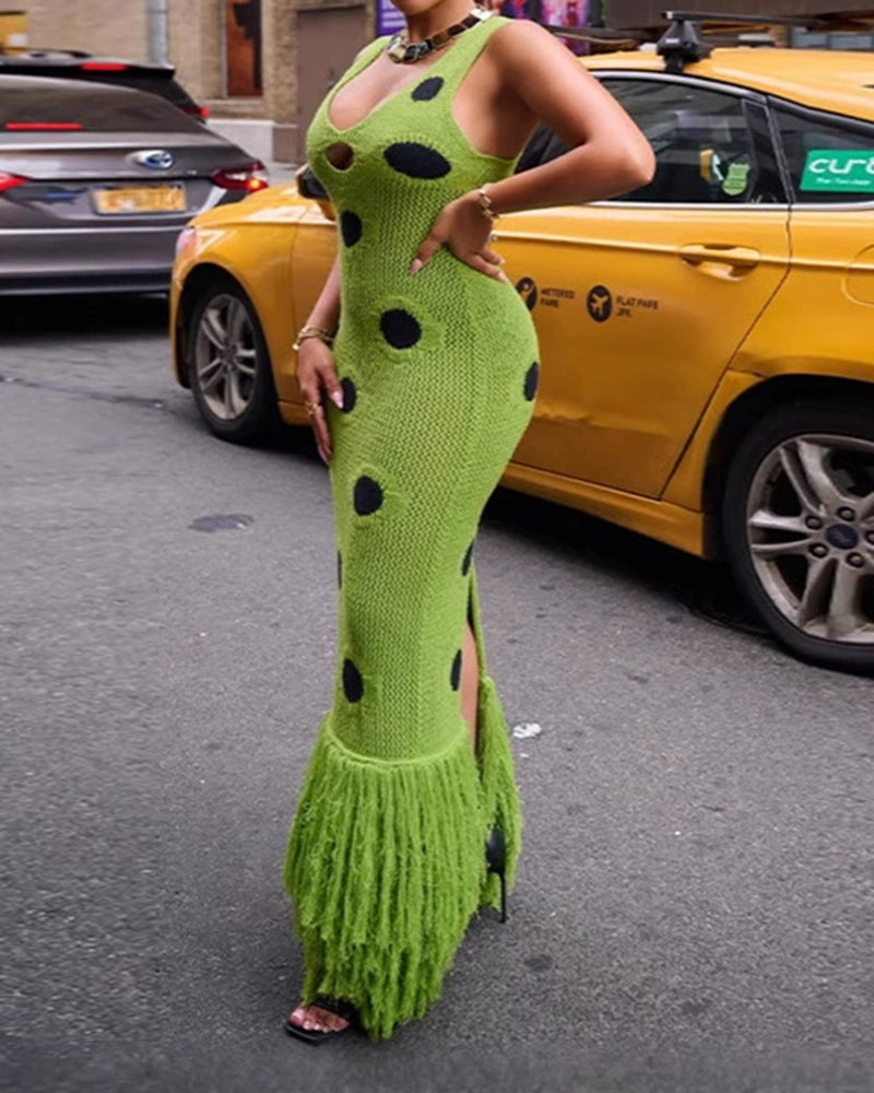 Antonia Green V-Neck Polka Dot Fringe Knit Maxi Dress