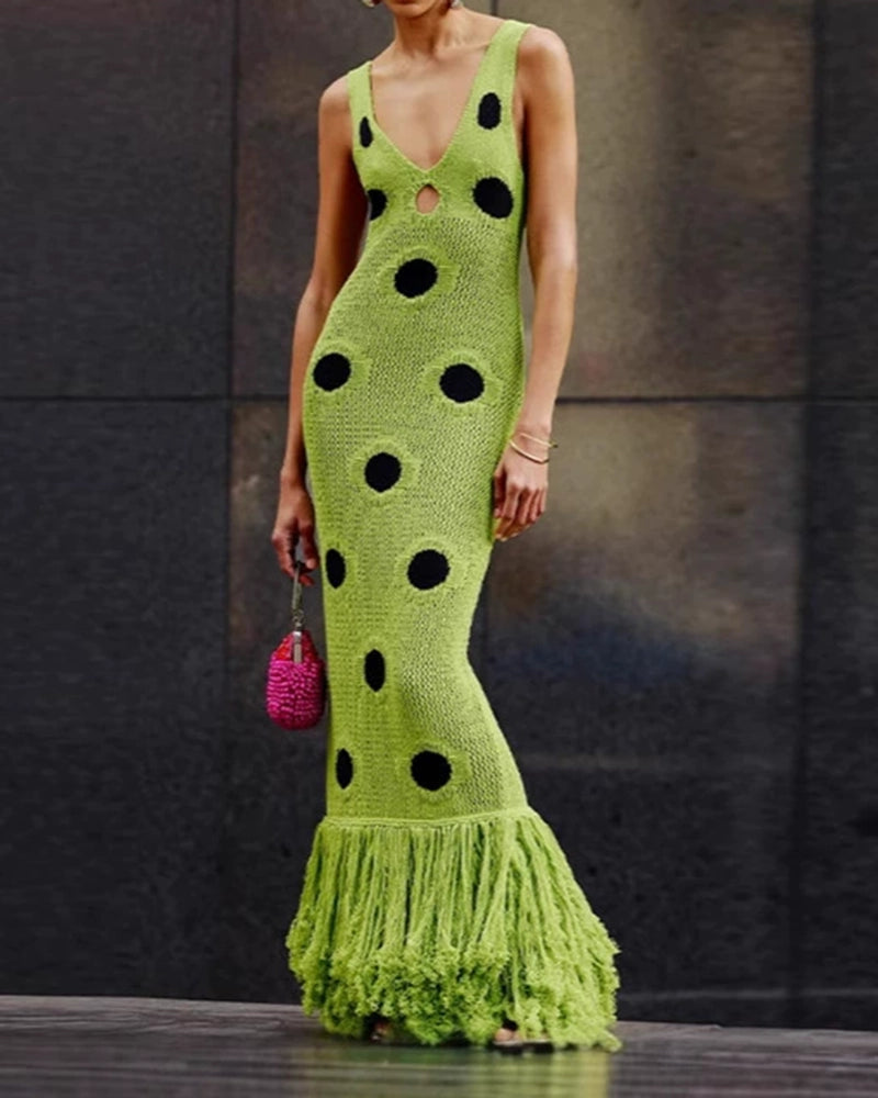 Antonia Green V-Neck Polka Dot Fringe Knit Maxi Dress