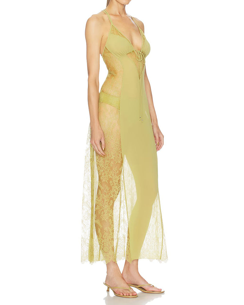 Winona Green V-Neck Sheer Lace Panel Slip Maxi Dress