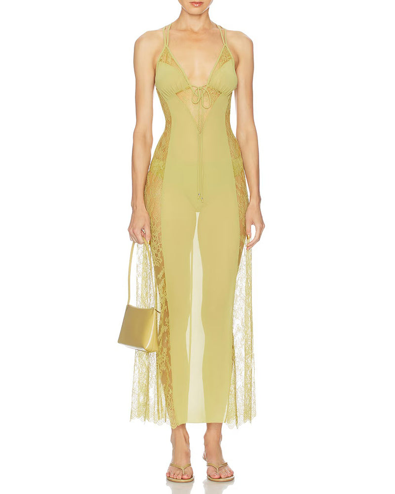 Winona Green V-Neck Sheer Lace Panel Slip Maxi Dress