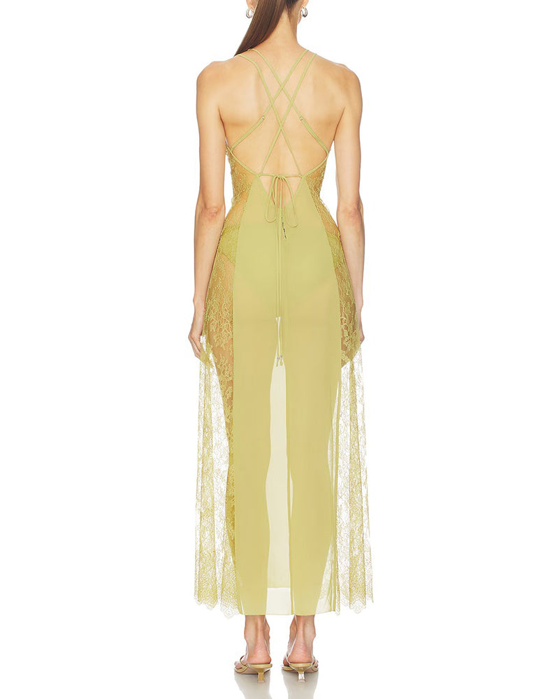 Winona Green V-Neck Sheer Lace Panel Slip Maxi Dress
