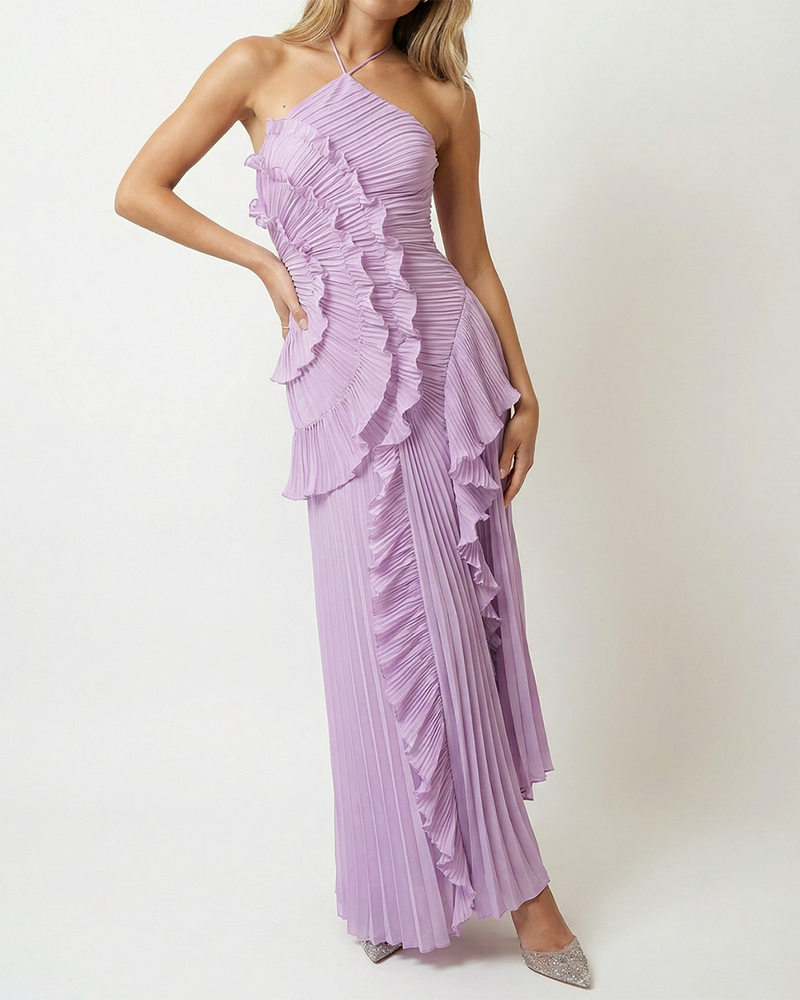 Ariadne Purple Halter Pleated Ruffle Maxi Dress