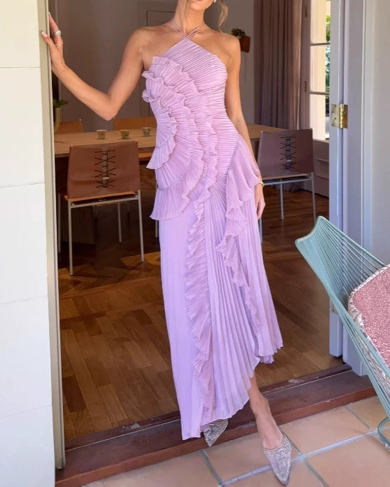 Ariadne Purple Halter Pleated Ruffle Maxi Dress