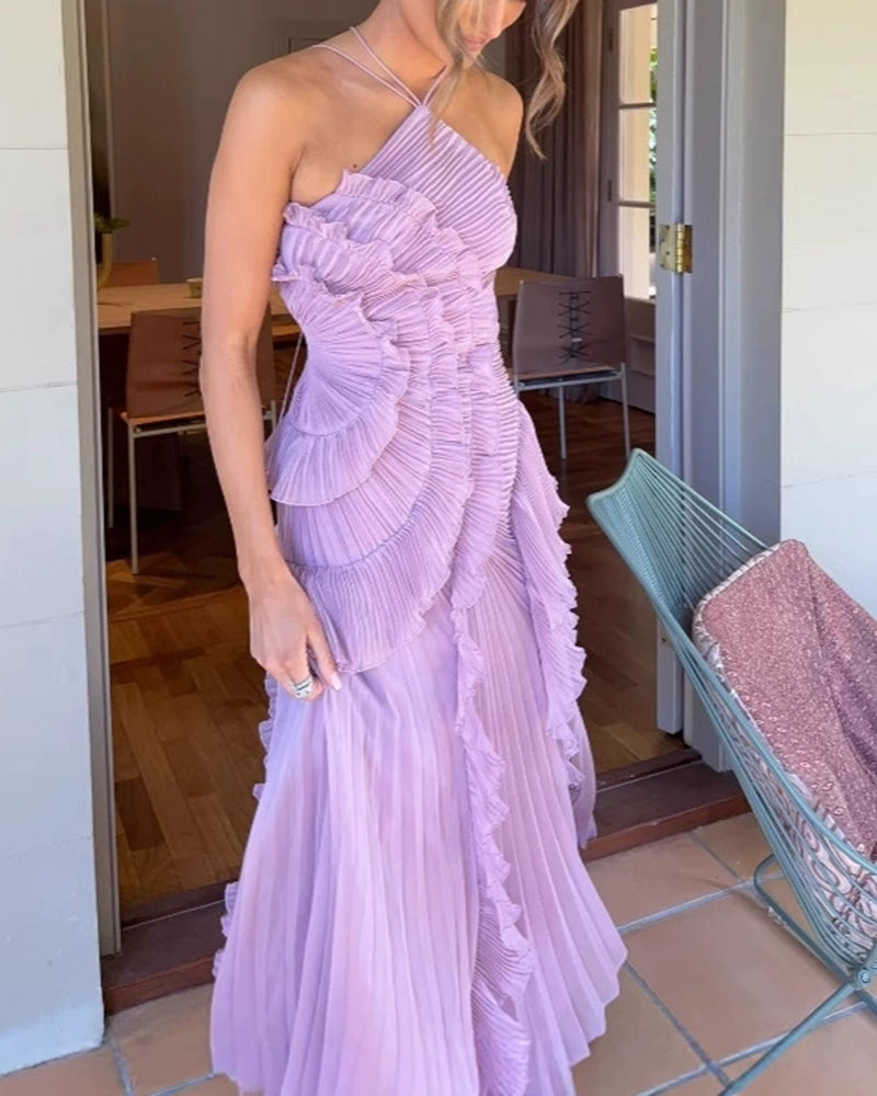 Ariadne Purple Halter Pleated Ruffle Maxi Dress