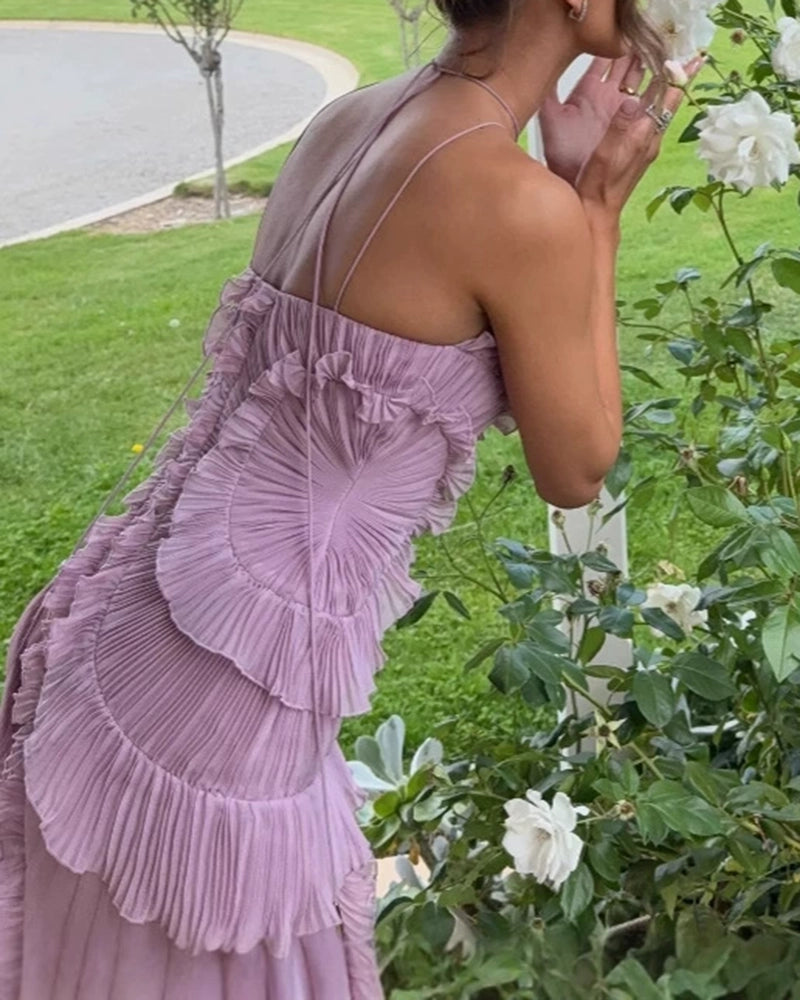 Ariadne Purple Halter Pleated Ruffle Maxi Dress