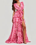 Anaya Pink Deep V-Neck Cutout Tiered Ruffle Maxi Dress
