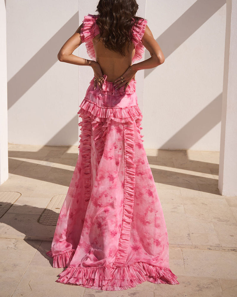 Anaya Pink Deep V-Neck Cutout Tiered Ruffle Maxi Dress