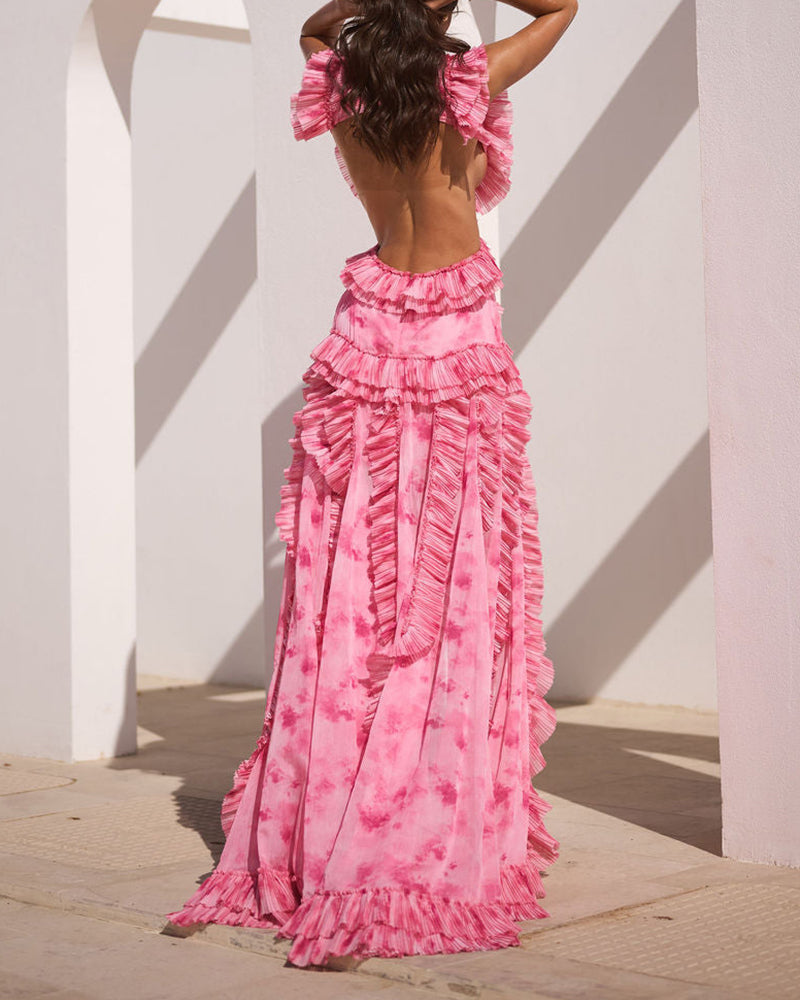 Anaya Pink Deep V-Neck Cutout Tiered Ruffle Maxi Dress