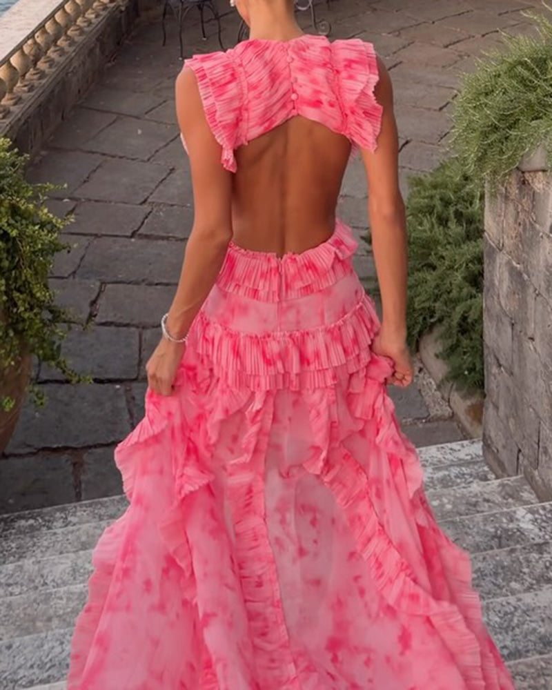 Anaya Pink Deep V-Neck Cutout Tiered Ruffle Maxi Dress