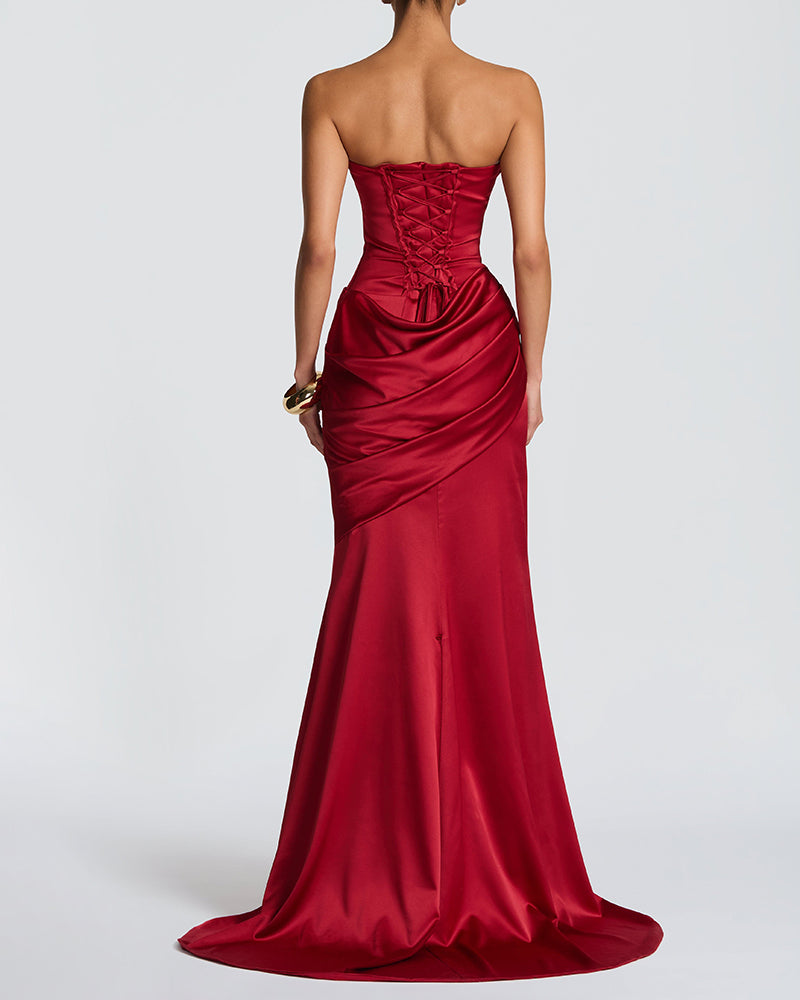 Zyla Red Strapless Cowl Neck Satin Maxi Dress