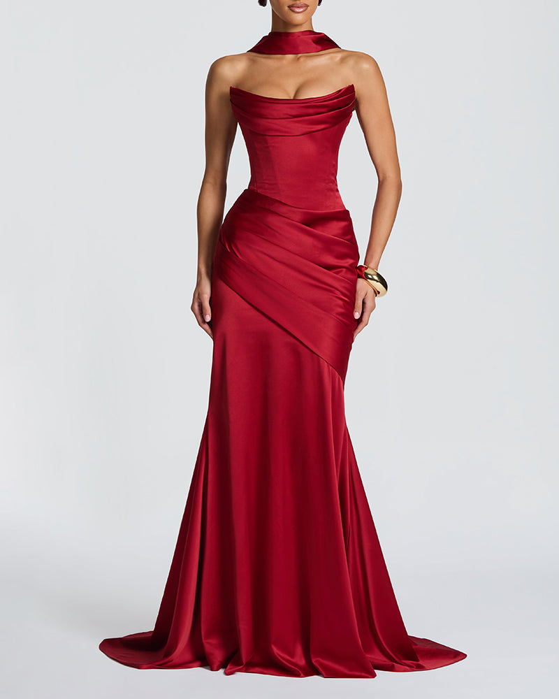 Zyla Red Strapless Cowl Neck Satin Maxi Dress