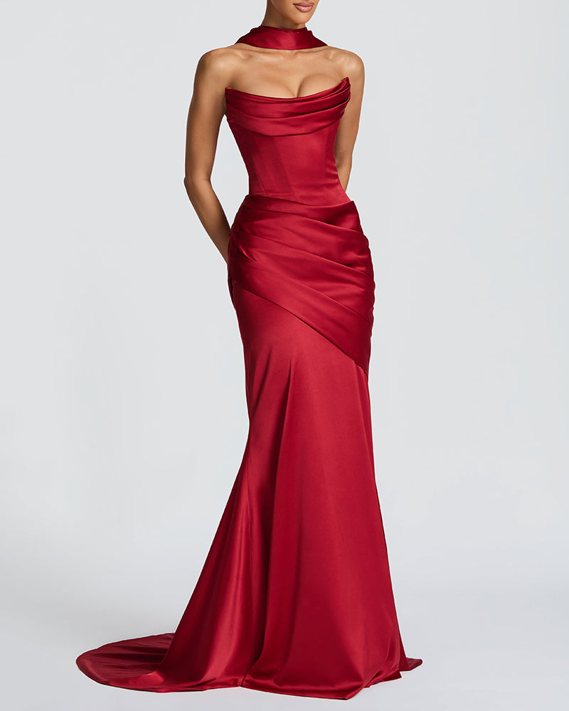 Zyla Red Strapless Cowl Neck Satin Maxi Dress
