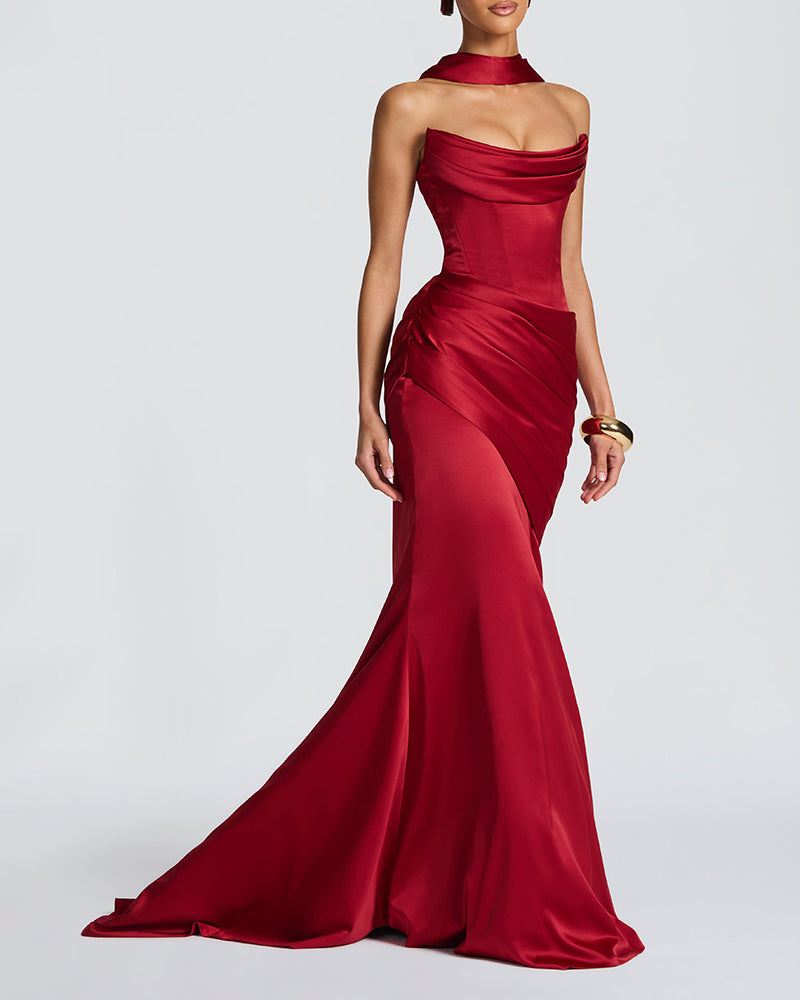 Zyla Red Strapless Cowl Neck Satin Maxi Dress