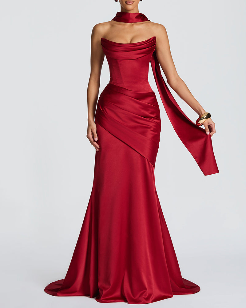 Zyla Red Strapless Cowl Neck Satin Maxi Dress