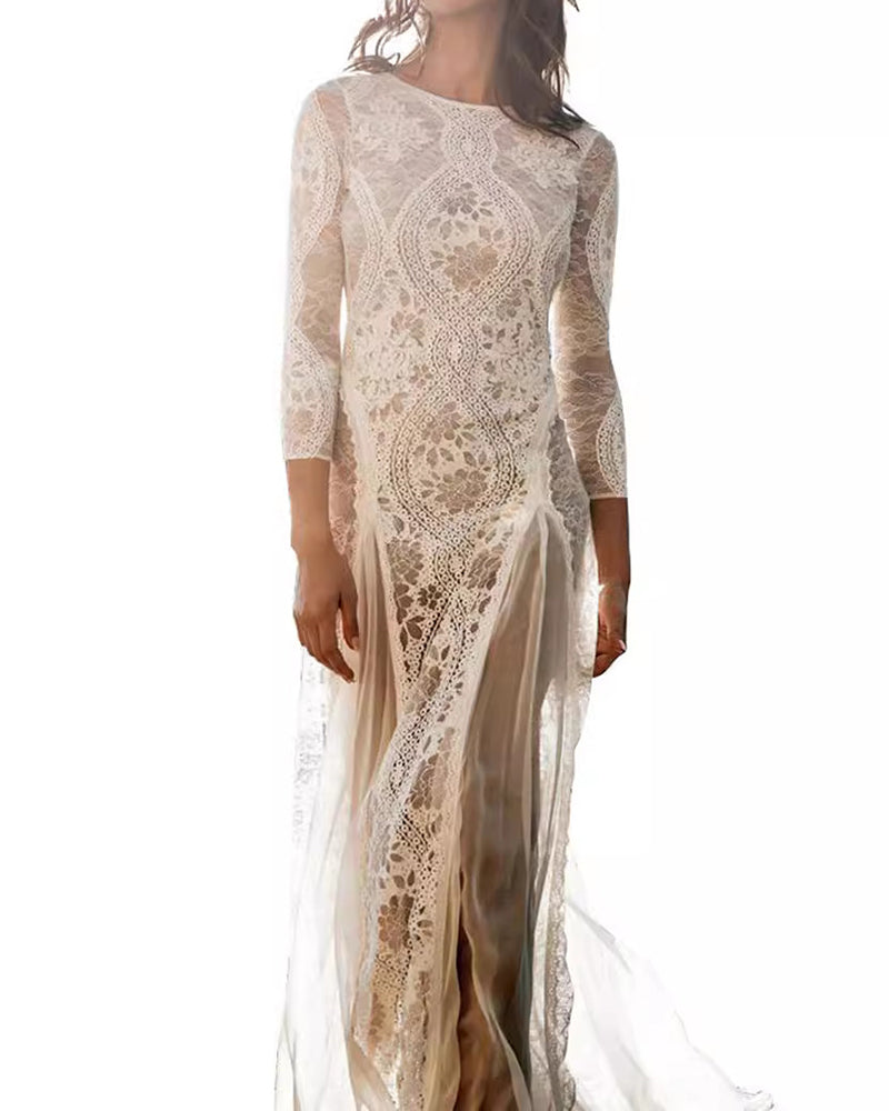Alondra White Long Sleeve Lace-panel Dress