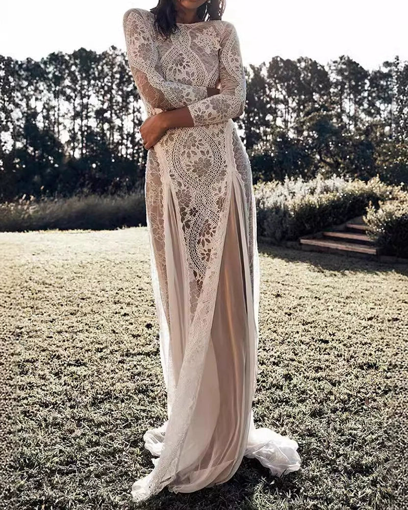 Alondra White Long Sleeve Lace-panel Dress