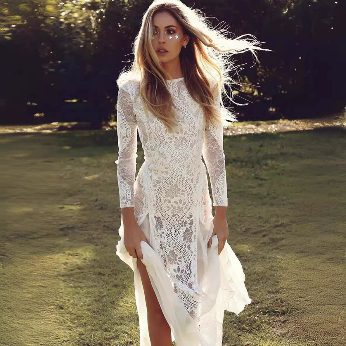 Alondra White Long Sleeve Lace-panel Dress