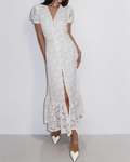 Anika White V-Neck Short Sleeve Cutout Eyelet Maxi Dress