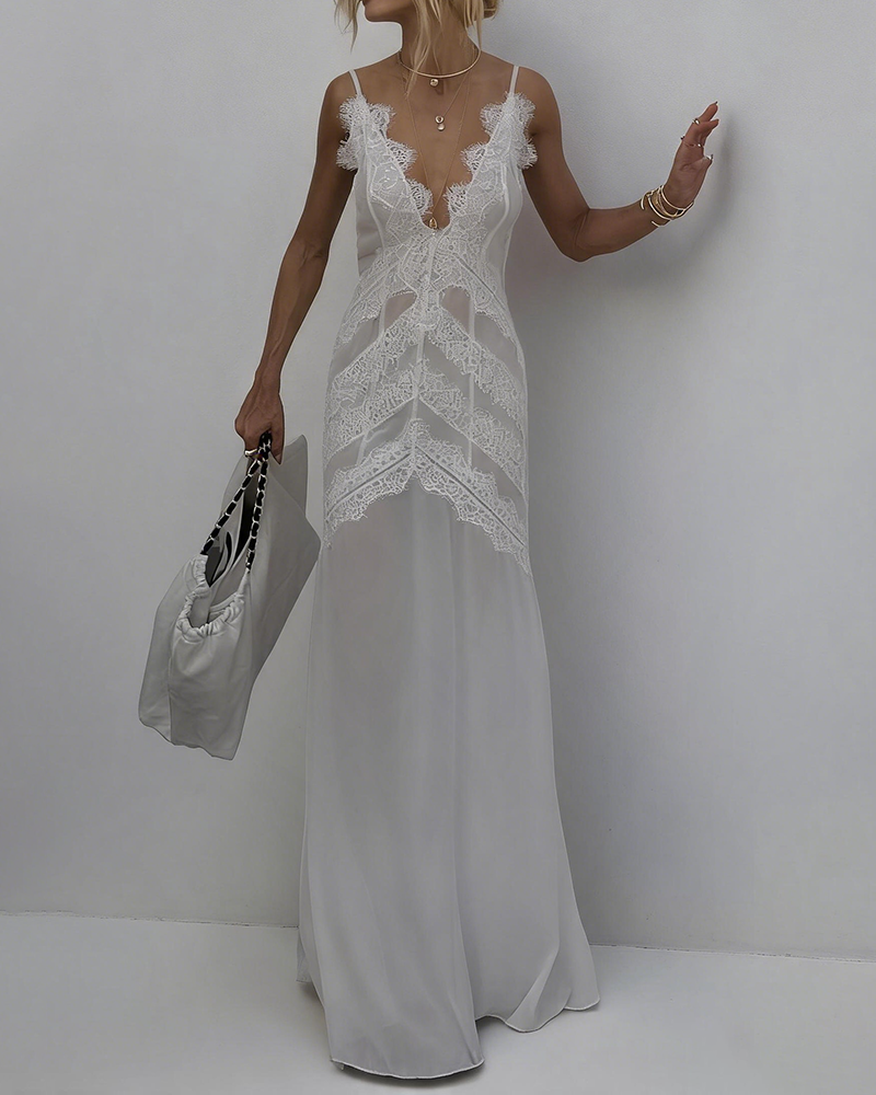 Zora White V-Neck Lace and Chiffon Maxi Dress
