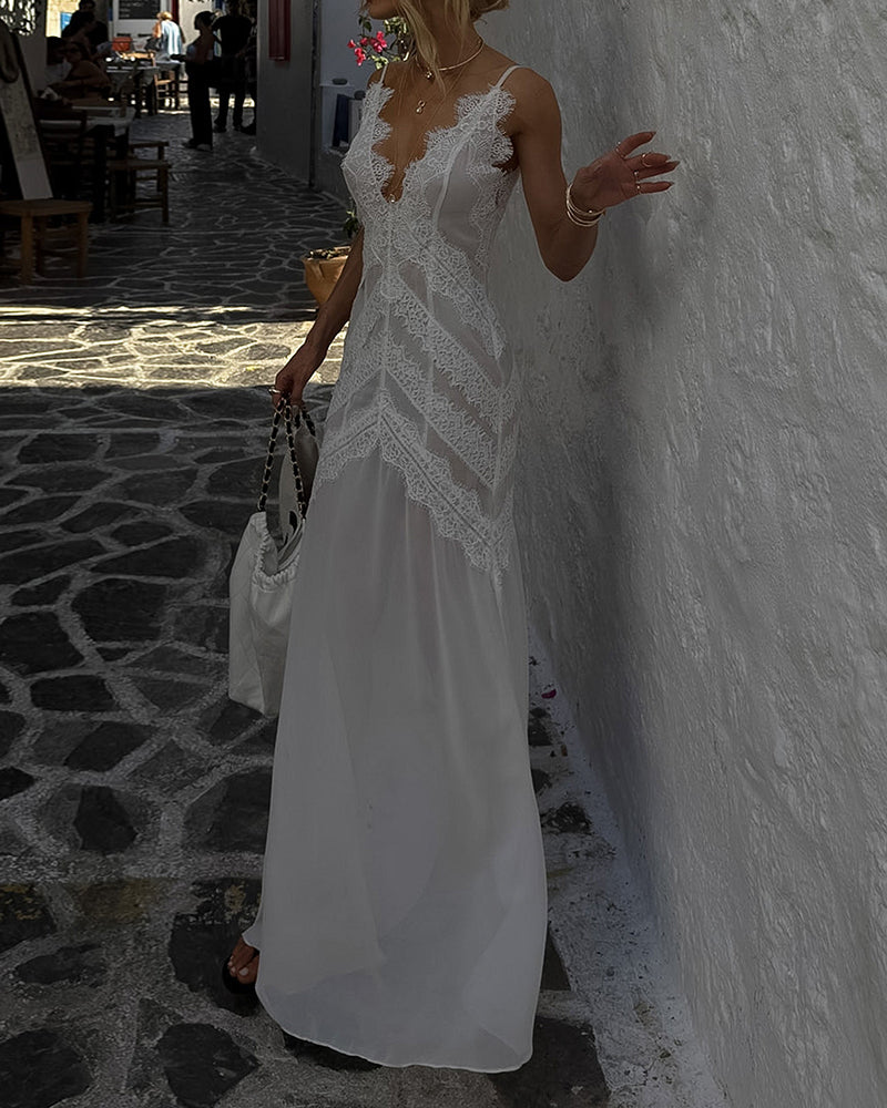 Zora White V-Neck Lace and Chiffon Maxi Dress