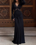 Zephyra White Long Sleeve Lace Trim Draped Maxi Dress