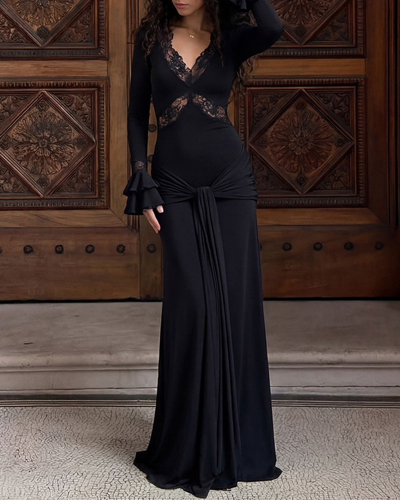 Zephyra White Long Sleeve Lace Trim Draped Maxi Dress