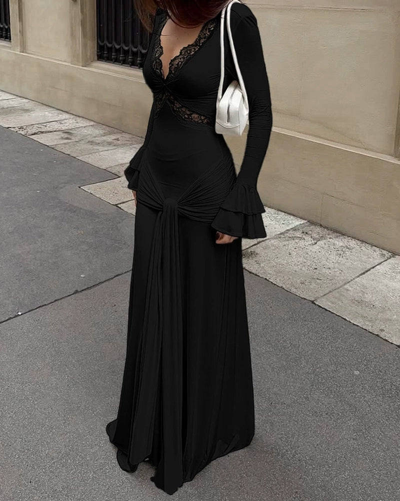 Zephyra White Long Sleeve Lace Trim Draped Maxi Dress